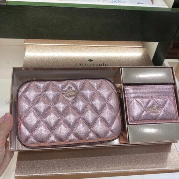 NWT $359 Kate Spade Glimmer Boxed Quilted Metallic Crossbody Set Mitten Pink - Picture 1 of 5